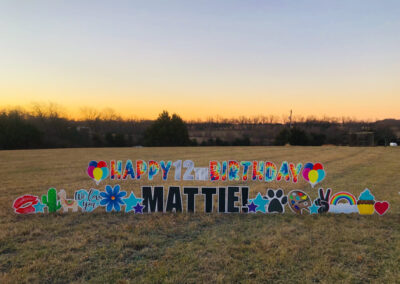 Birthday sign in open area with sunset in background with tie-dyed rainbow text, lips, cacti, llama, hearts, flowers, paint, pawprint, hand showing peace sign, rainbow, cupcake - "happy birthday Mattie!"