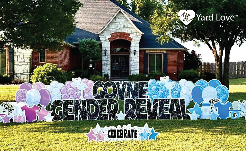 Goyne_GenderReveal glitter Goyne Gender Reveal Yard Love sign with pink and blue balloons
