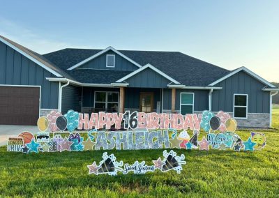 Happy Sweet 16th Birthday Ashleigh - in light pink and silver sparkly letters with sparkly signs in pink and blue - balloons, cake, presents, stars, We Love You, cell phone, keys, cupcake, Basketball, Plus gold and black balloons and stars - Sweet Sixteen sign between megaphone confetti and stars