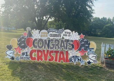 Congrats Crystal - You Rock, Celebrate, You Did it, Proud of You, #1 Mom, RN, stars, stethoscope, celebrate emoji, balloons - gold, black, white, red
